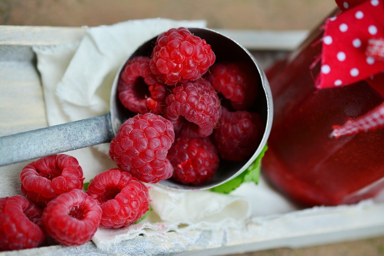 freshly harvested raspberries