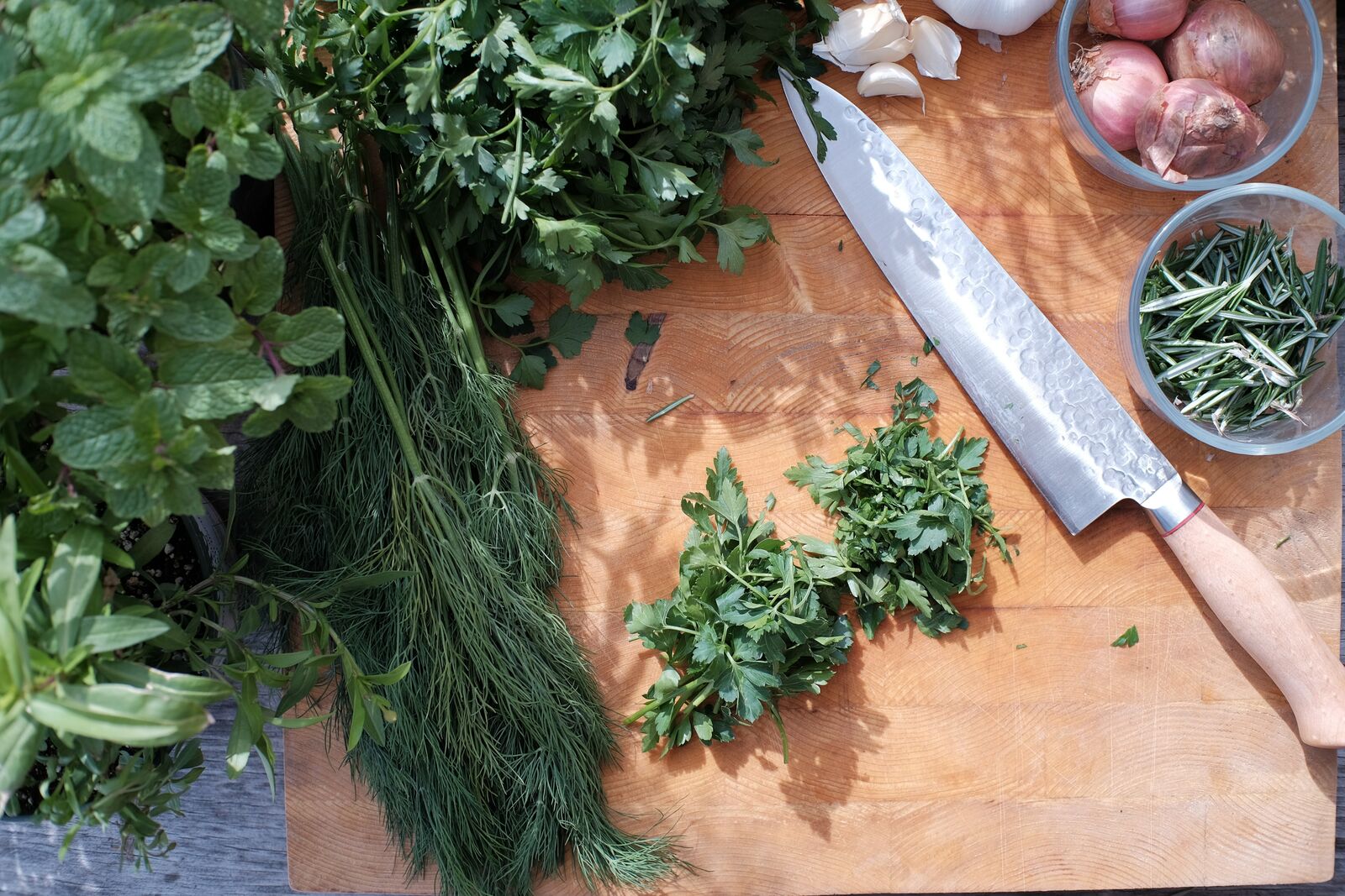 Herbs on a chopping board